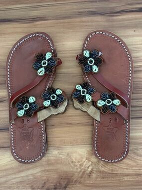 Authentic Maasai Leather Beaded Sandals Handmade in Africa Size 36